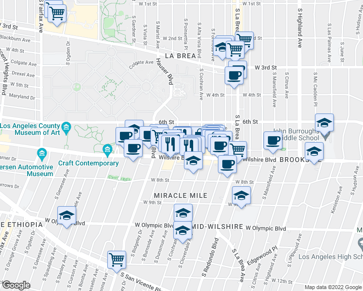 map of restaurants, bars, coffee shops, grocery stores, and more near 645 South Dunsmuir Avenue in Los Angeles