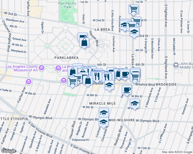 map of restaurants, bars, coffee shops, grocery stores, and more near 644 South Ridgeley Drive in Los Angeles