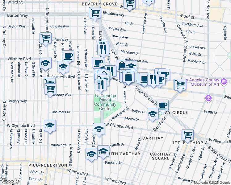map of restaurants, bars, coffee shops, grocery stores, and more near 218 South Gale Drive in Beverly Hills