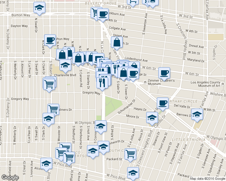 map of restaurants, bars, coffee shops, grocery stores, and more near 219 South Hamilton Drive in Beverly Hills