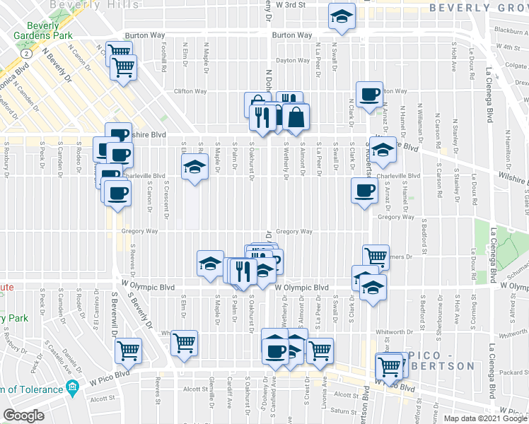 map of restaurants, bars, coffee shops, grocery stores, and more near 240 South Oakhurst Drive in Beverly Hills