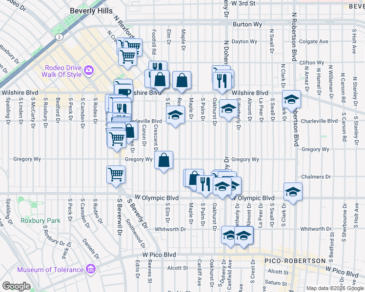 map of restaurants, bars, coffee shops, grocery stores, and more near 242 South Rexford Drive in Beverly Hills