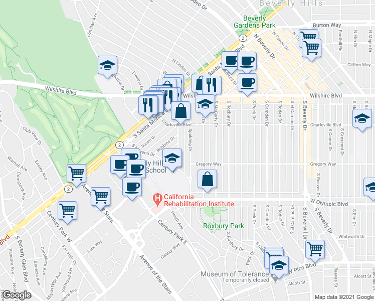 map of restaurants, bars, coffee shops, grocery stores, and more near 236 South Spalding Drive in Beverly Hills
