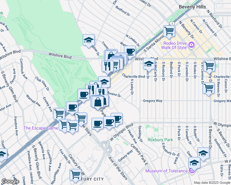 map of restaurants, bars, coffee shops, grocery stores, and more near 9970 Durant Drive in Beverly Hills