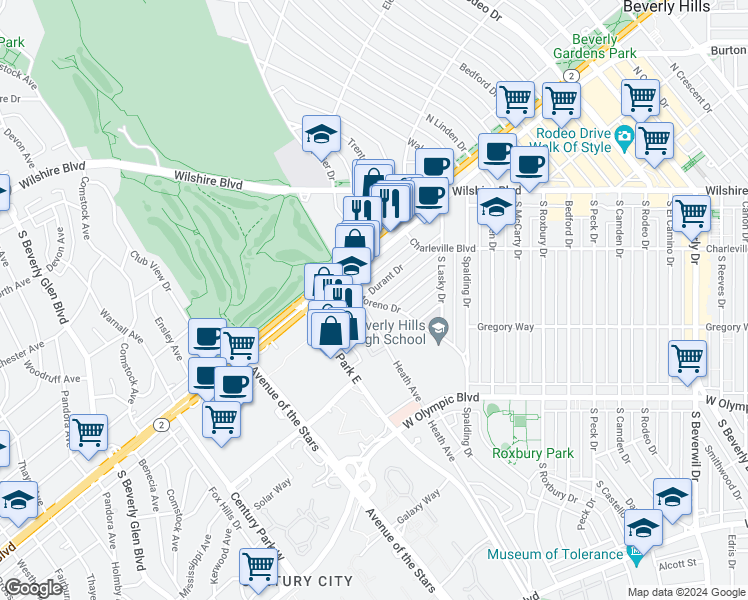 map of restaurants, bars, coffee shops, grocery stores, and more near 9970 Durant Drive in Beverly Hills