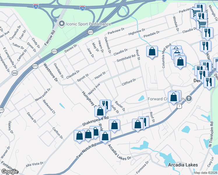 map of restaurants, bars, coffee shops, grocery stores, and more near 3639 Hearn Drive in Columbia