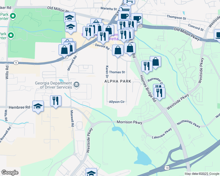 map of restaurants, bars, coffee shops, grocery stores, and more near 450 Karen Drive in Alpharetta
