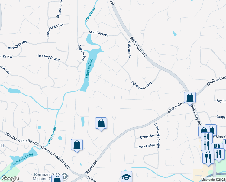 map of restaurants, bars, coffee shops, grocery stores, and more near 4532 Hosta Court Northwest in Acworth