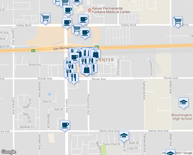map of restaurants, bars, coffee shops, grocery stores, and more near 17148 Slover Avenue in Fontana