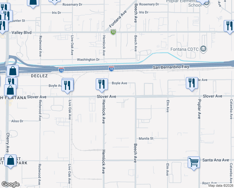 map of restaurants, bars, coffee shops, grocery stores, and more near 15188 Slover Avenue in Fontana