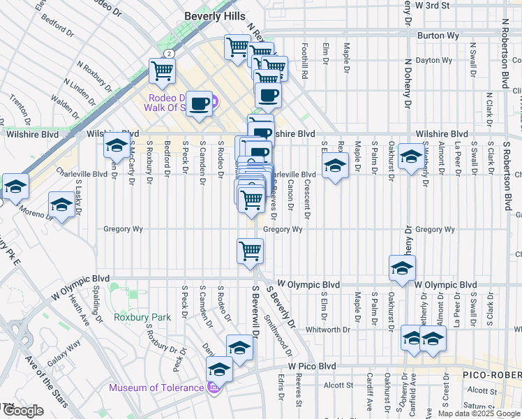 map of restaurants, bars, coffee shops, grocery stores, and more near 241 1/2 South Beverly Drive in Beverly Hills