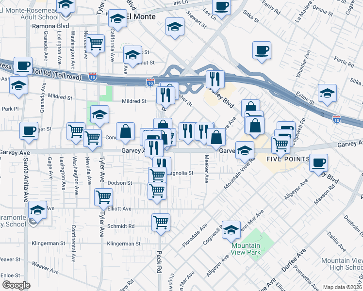map of restaurants, bars, coffee shops, grocery stores, and more near 11407 Garvey Avenue in El Monte