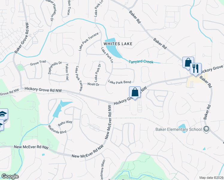 map of restaurants, bars, coffee shops, grocery stores, and more near 4838 Lake Park Lane in Acworth