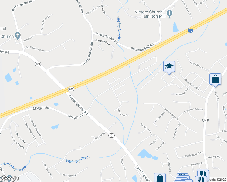 map of restaurants, bars, coffee shops, grocery stores, and more near 2365 Morgan Farm Court in Buford