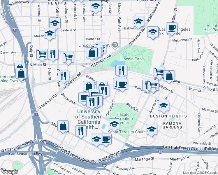 map of restaurants, bars, coffee shops, grocery stores, and more near 1540 Alcazar Street in Los Angeles