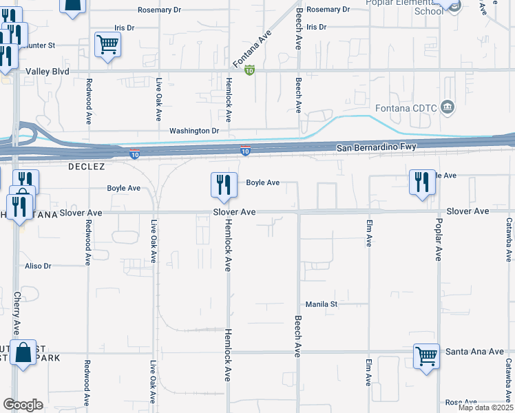 map of restaurants, bars, coffee shops, grocery stores, and more near 15188 Slover Avenue in Fontana