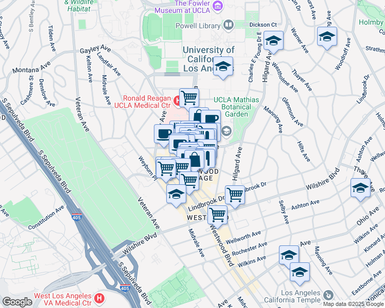 map of restaurants, bars, coffee shops, grocery stores, and more near 924 Westwood Boulevard in Los Angeles