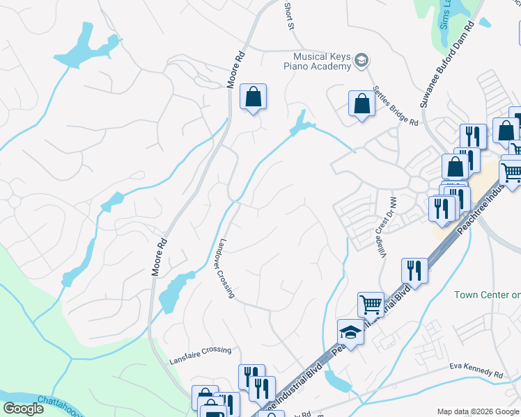 map of restaurants, bars, coffee shops, grocery stores, and more near 4425 Landover Way Northwest in Suwanee
