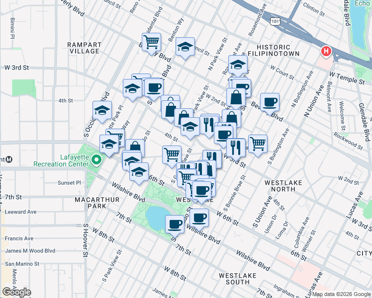 map of restaurants, bars, coffee shops, grocery stores, and more near 322 South Grand View Street in Los Angeles