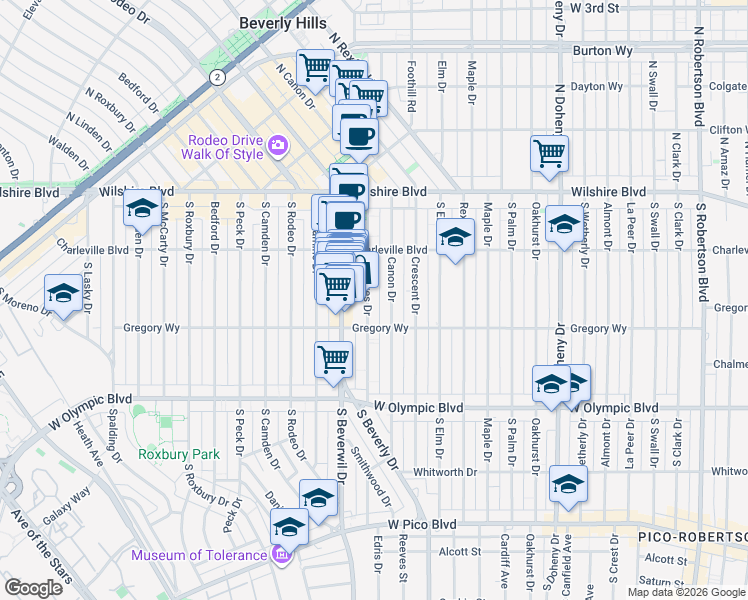 map of restaurants, bars, coffee shops, grocery stores, and more near 248 South Reeves Drive in Beverly Hills