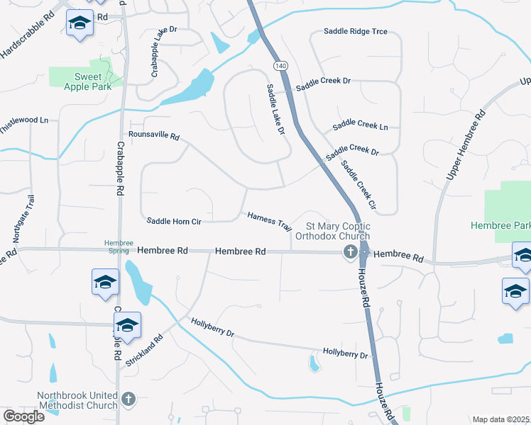 map of restaurants, bars, coffee shops, grocery stores, and more near 125 Harness Trail in Roswell