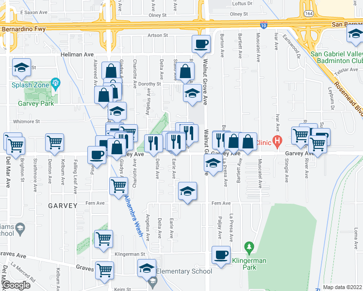 map of restaurants, bars, coffee shops, grocery stores, and more near 8463 Garvey Ave in Rosemead