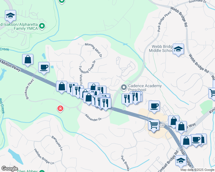 map of restaurants, bars, coffee shops, grocery stores, and more near 498 Springberry Court in Alpharetta
