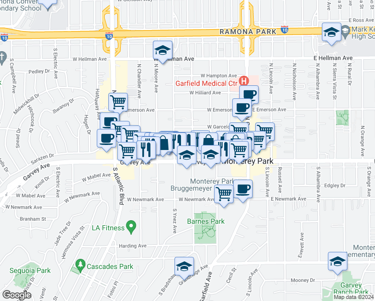 map of restaurants, bars, coffee shops, grocery stores, and more near 121 North Mc Pherrin Avenue in Monterey Park