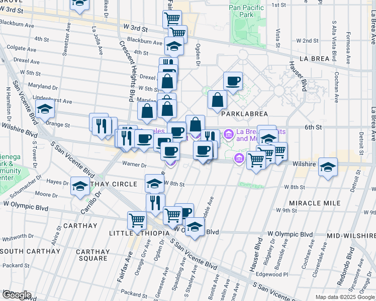 map of restaurants, bars, coffee shops, grocery stores, and more near 5905 Wilshire Boulevard in Los Angeles