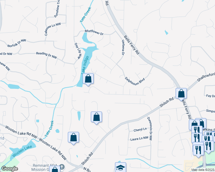 map of restaurants, bars, coffee shops, grocery stores, and more near 4532 Hosta Court Northwest in Acworth