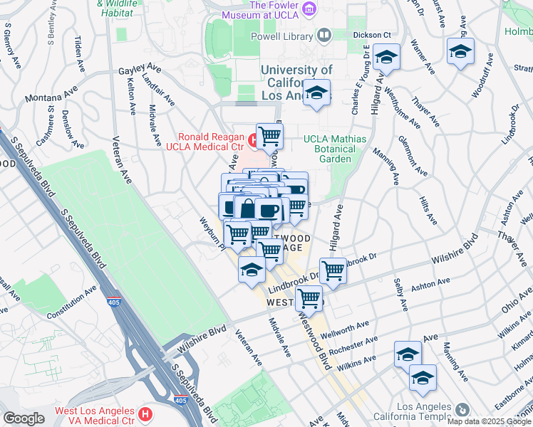 map of restaurants, bars, coffee shops, grocery stores, and more near 923 Westwood Boulevard in Los Angeles