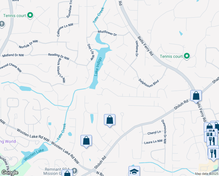 map of restaurants, bars, coffee shops, grocery stores, and more near 504 Gaillardia Way in Acworth