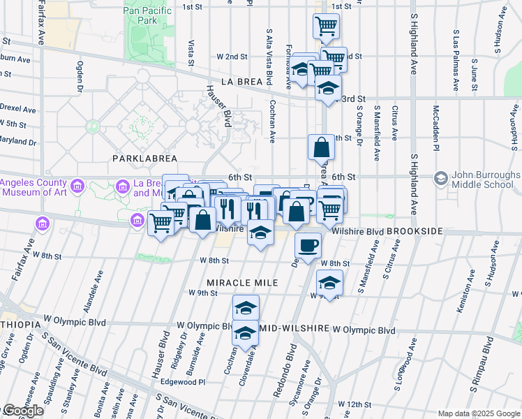 map of restaurants, bars, coffee shops, grocery stores, and more near 645 South Dunsmuir Avenue in Los Angeles