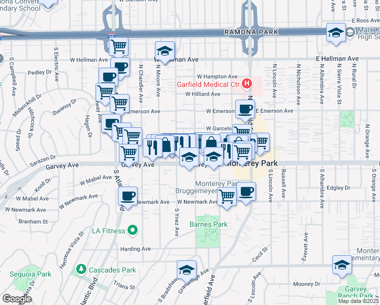 map of restaurants, bars, coffee shops, grocery stores, and more near 121 North Mc Pherrin Avenue in Monterey Park
