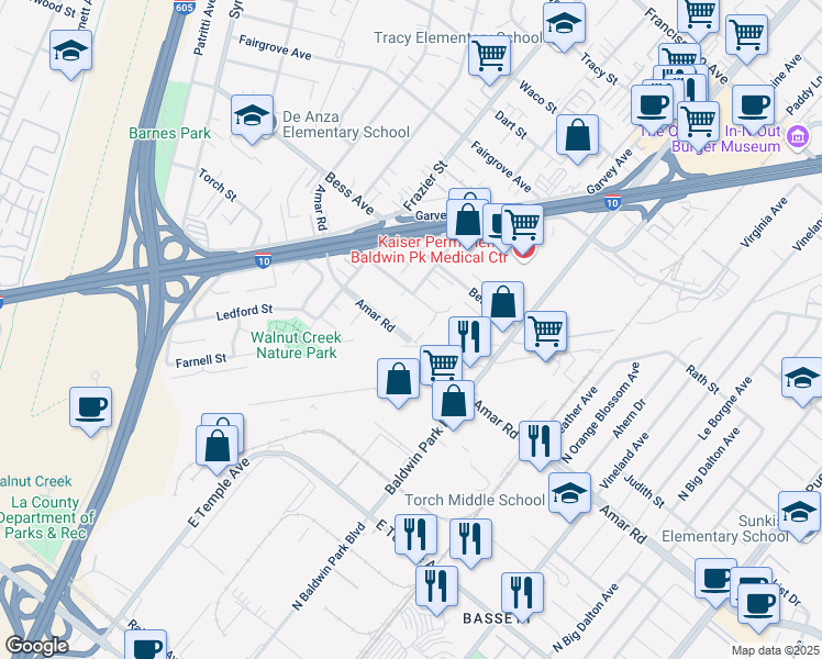 map of restaurants, bars, coffee shops, grocery stores, and more near 13089 Amar Road in Baldwin Park