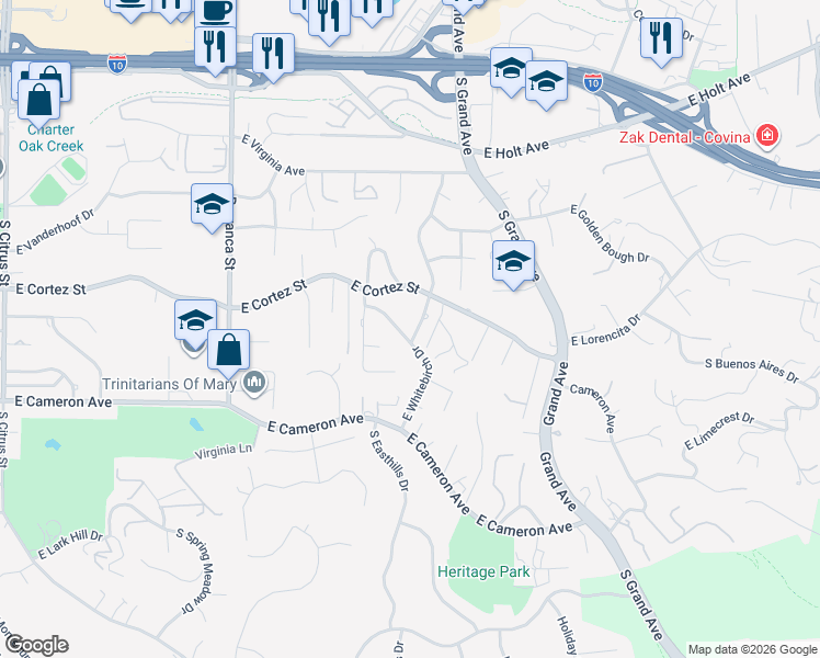 map of restaurants, bars, coffee shops, grocery stores, and more near 3247 East Whitebirch Drive in West Covina