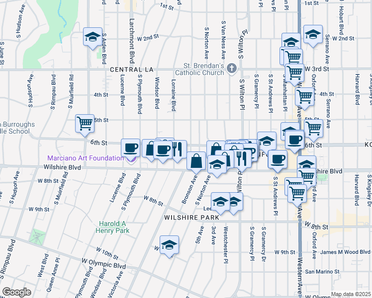 map of restaurants, bars, coffee shops, grocery stores, and more near 554s South Irving Boulevard in Los Angeles