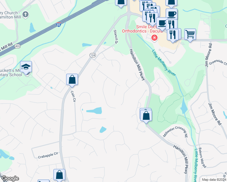 map of restaurants, bars, coffee shops, grocery stores, and more near 3132 Tadmore Court in Dacula