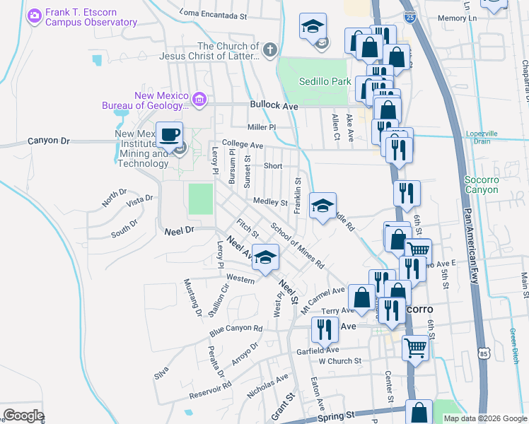 map of restaurants, bars, coffee shops, grocery stores, and more near 516 School of Mines Road in Socorro