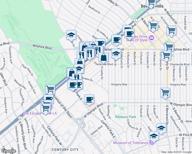 map of restaurants, bars, coffee shops, grocery stores, and more near 9940 Robbins Drive in Beverly Hills