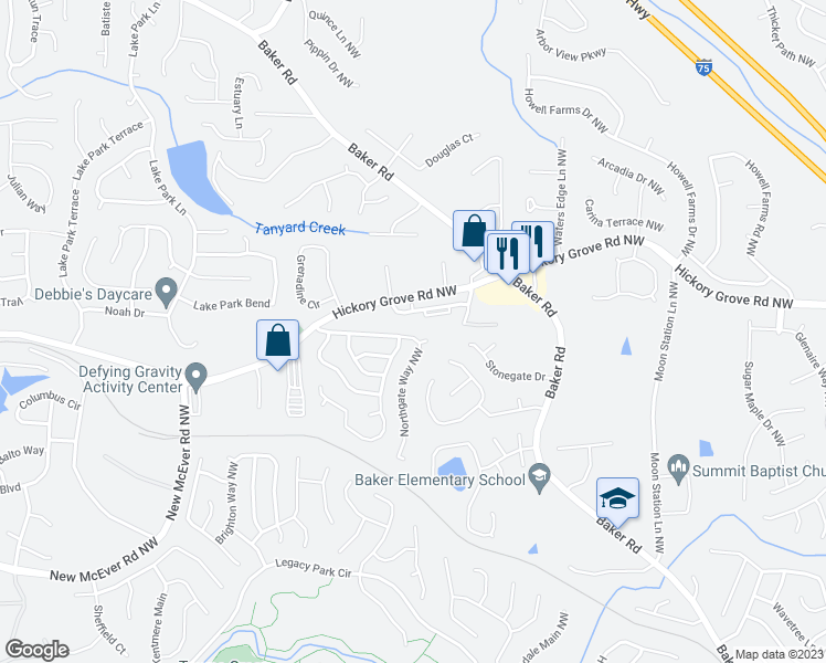 map of restaurants, bars, coffee shops, grocery stores, and more near 2767 Northgate Way Northwest in Acworth