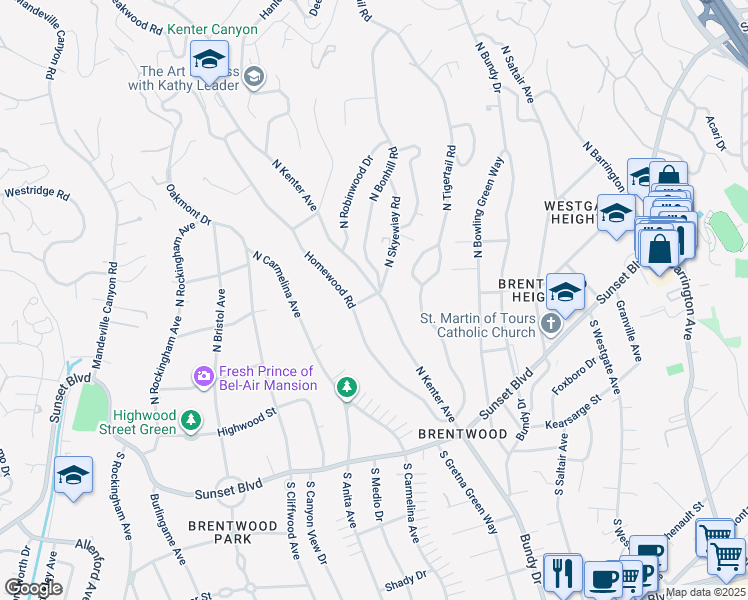 map of restaurants, bars, coffee shops, grocery stores, and more near 299 North Kenter Avenue in Los Angeles