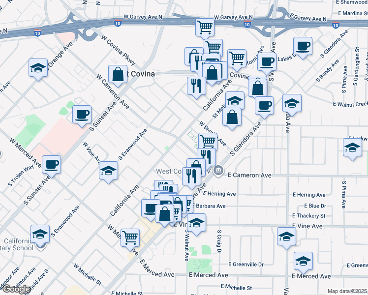 map of restaurants, bars, coffee shops, grocery stores, and more near 931 West Oak Park Place in West Covina