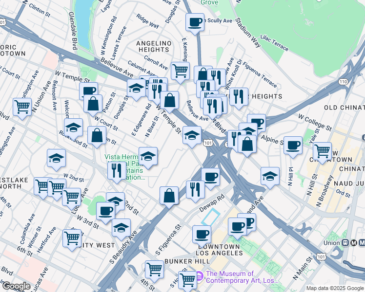 map of restaurants, bars, coffee shops, grocery stores, and more near 1131 West Angelina Street in Los Angeles