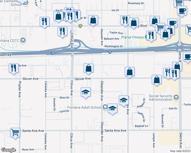 map of restaurants, bars, coffee shops, grocery stores, and more near 16264 Slover Avenue in Fontana