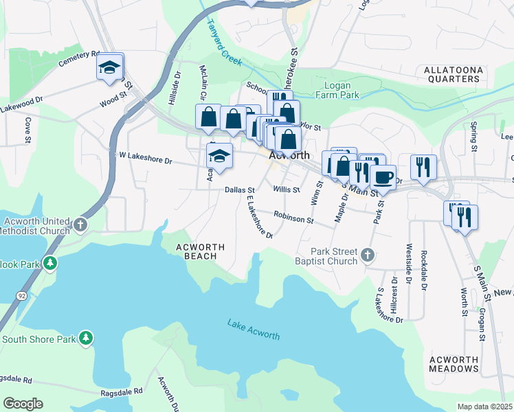 map of restaurants, bars, coffee shops, grocery stores, and more near 4424 Robinson Street in Acworth