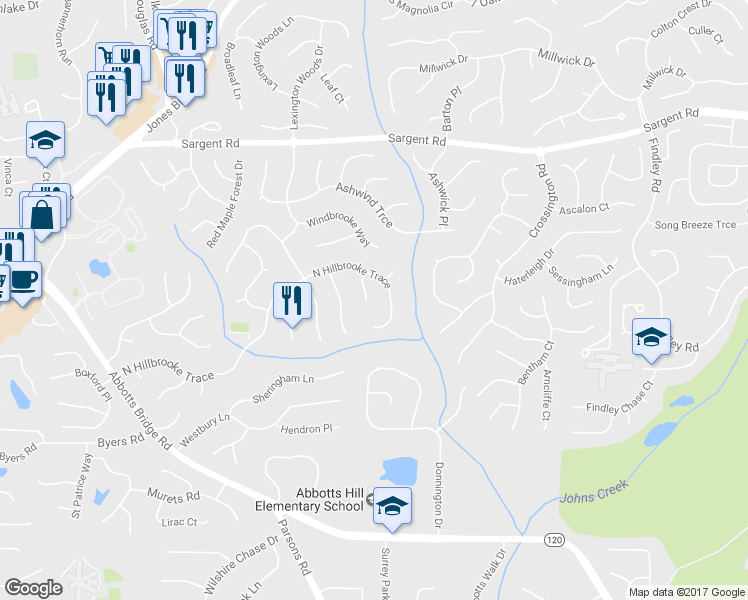 map of restaurants, bars, coffee shops, grocery stores, and more near 230 Bristolstone Court in Alpharetta