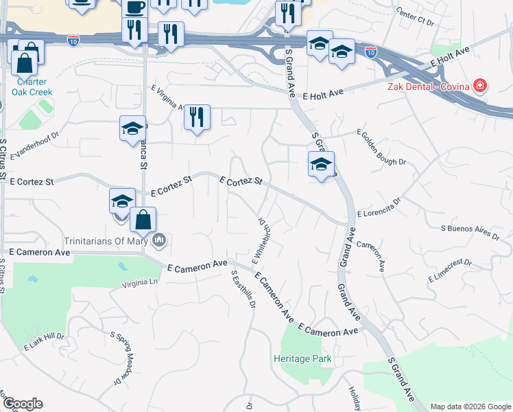 map of restaurants, bars, coffee shops, grocery stores, and more near 3247 East Whitebirch Drive in West Covina