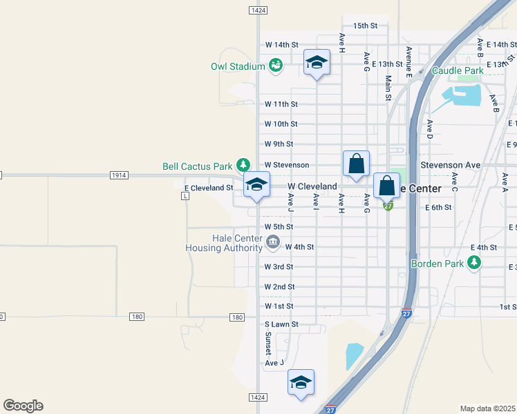 map of restaurants, bars, coffee shops, grocery stores, and more near Avenue K in Hale Center
