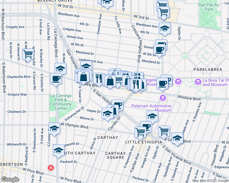 map of restaurants, bars, coffee shops, grocery stores, and more near 6380 Wilshire Boulevard in Los Angeles